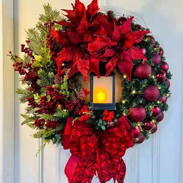 45cm Kerstdecoratie Gouden Krans Met Lamp Voor Voordeur Rode Bal