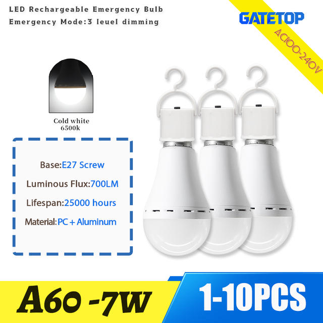 1-10PCS A60LED Oplaadbare Lamp Licht E27 7W Noodlamp AC100-240V voor