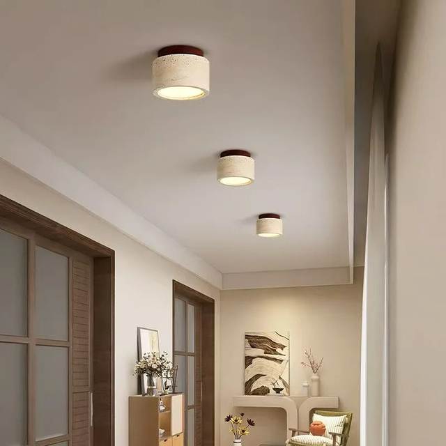 Gele Travertijn LED Plafondlamp Japanse Houten Downlight Ronde Houten