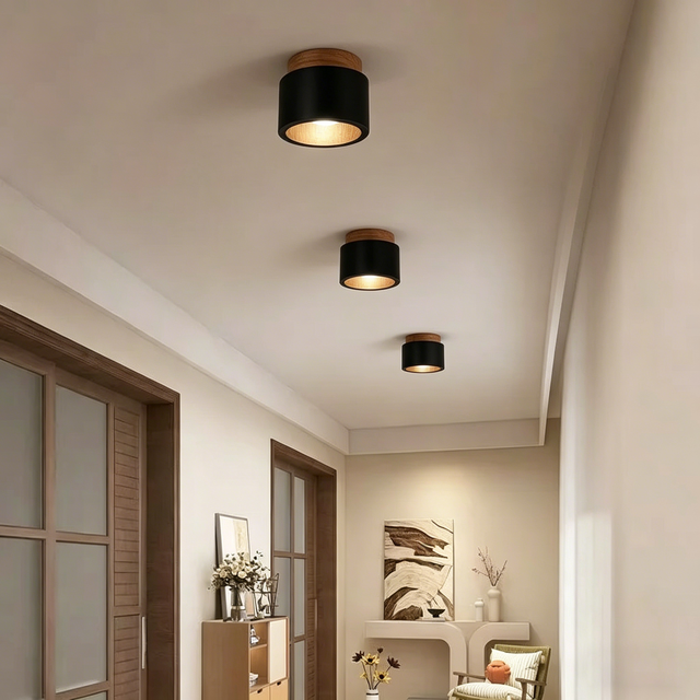 Zwarte Travertijn LED Plafondlamp Ronde Japanse Houten Downlight voor