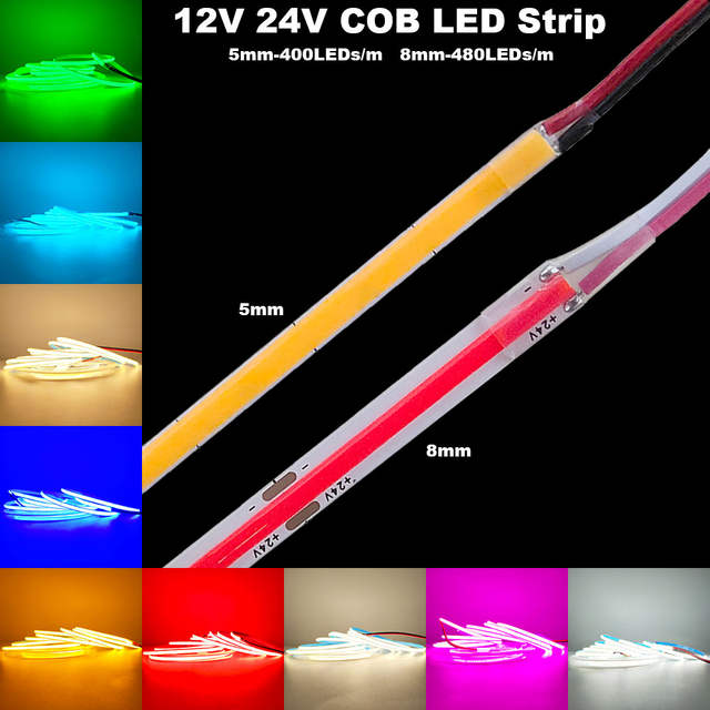 12V 24V COB LED Strip 5mm/8mm PCB 400/480 LEDs/m Flexibele