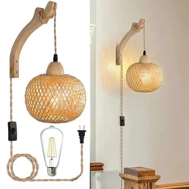 Bamboe Lantaarn Wandlamp Natuurlijke Rotan Rieten E27 Kroonluchters