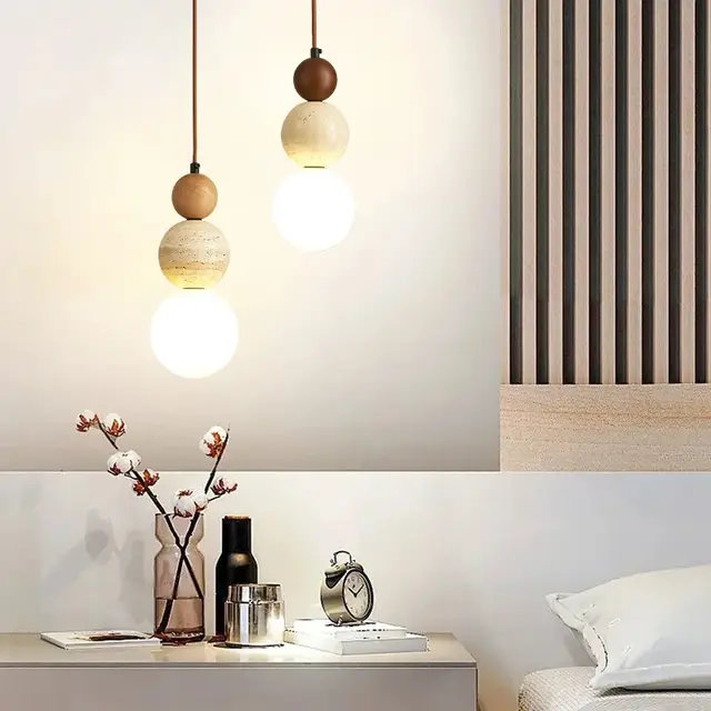Crème stijl hanglamp slaapkamer nachtkastje led kroonluchter steen hout